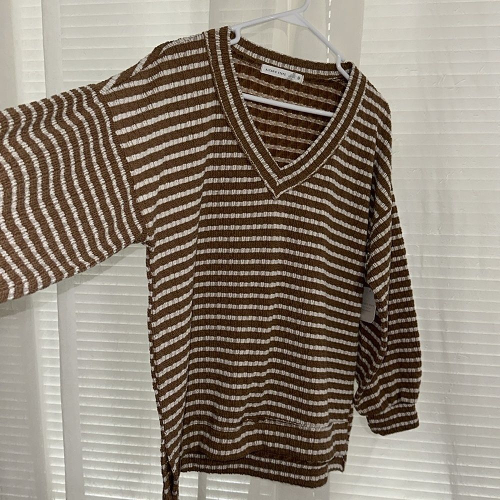 ALTAR’D STATE XS White Tan Soft Striped Kameron Urban Ribbed V-Neck Tunic Top - Picture 13 of 16